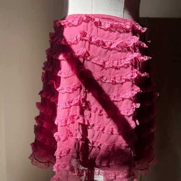 Vintage 90s Betsey Johnson New York Pink Silk & Ruffled Lace Mini Skirt - Picture 5 of 10
